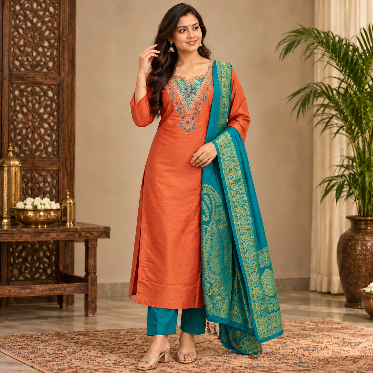 Model wearing a rust-orange kurta with a teal dupatta