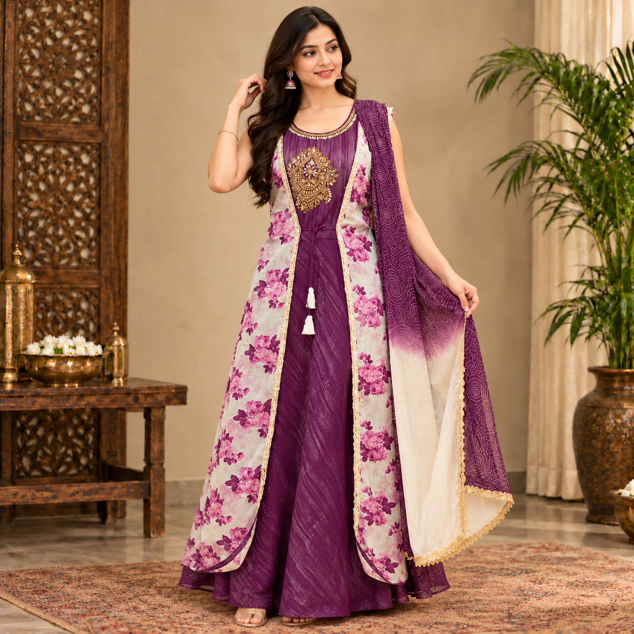 Model wearing a plum embroidered party-wear Anarkali