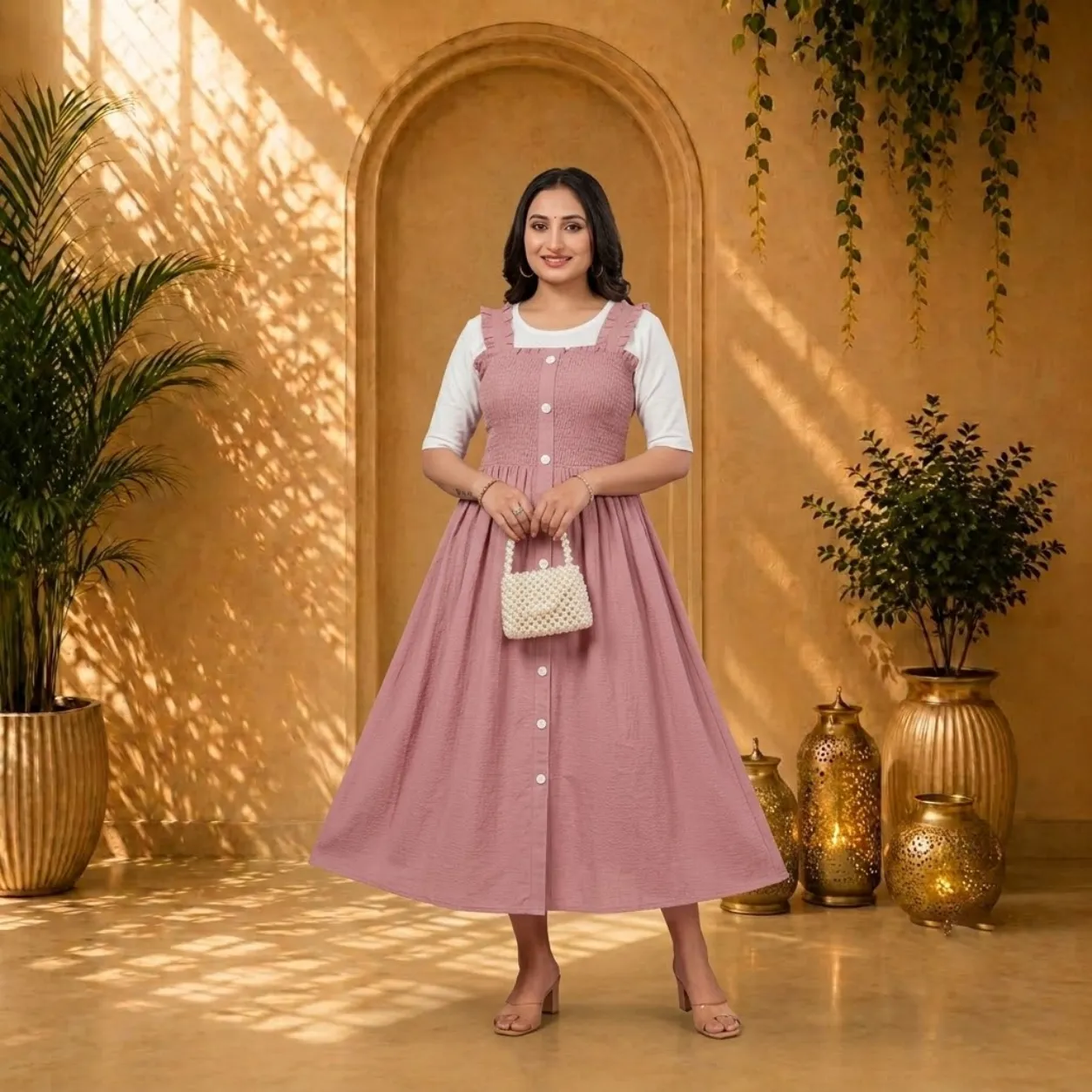 Dusty Pink Layered Flared Midi Dress