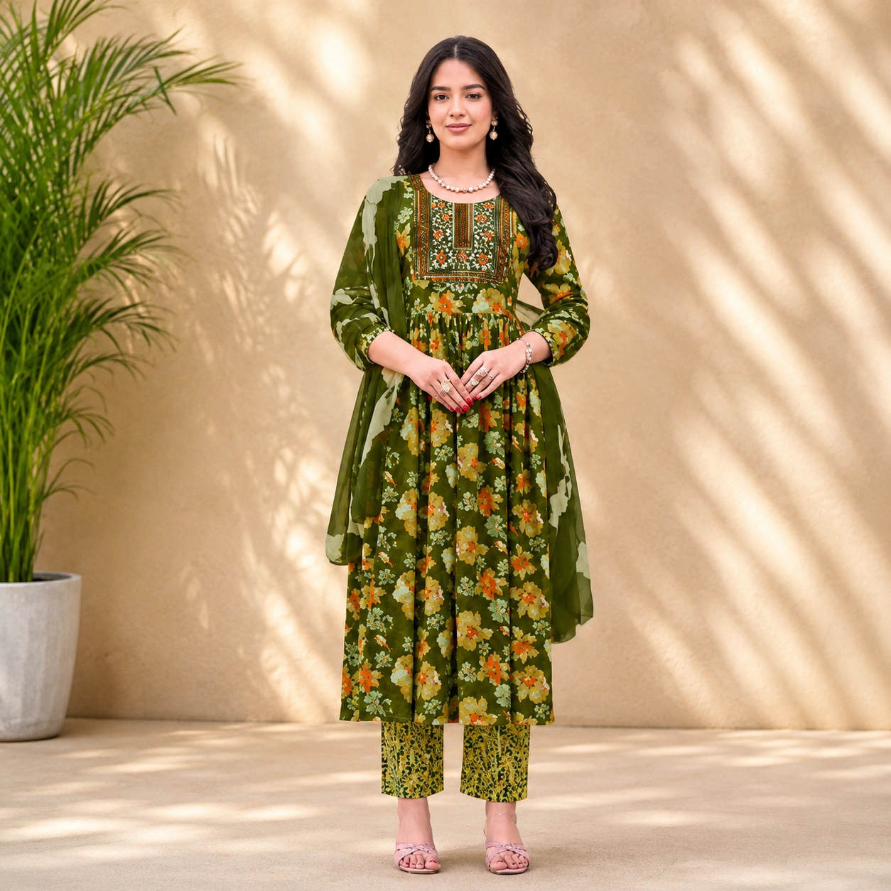 Premium Olive Green Floral Kurta Set