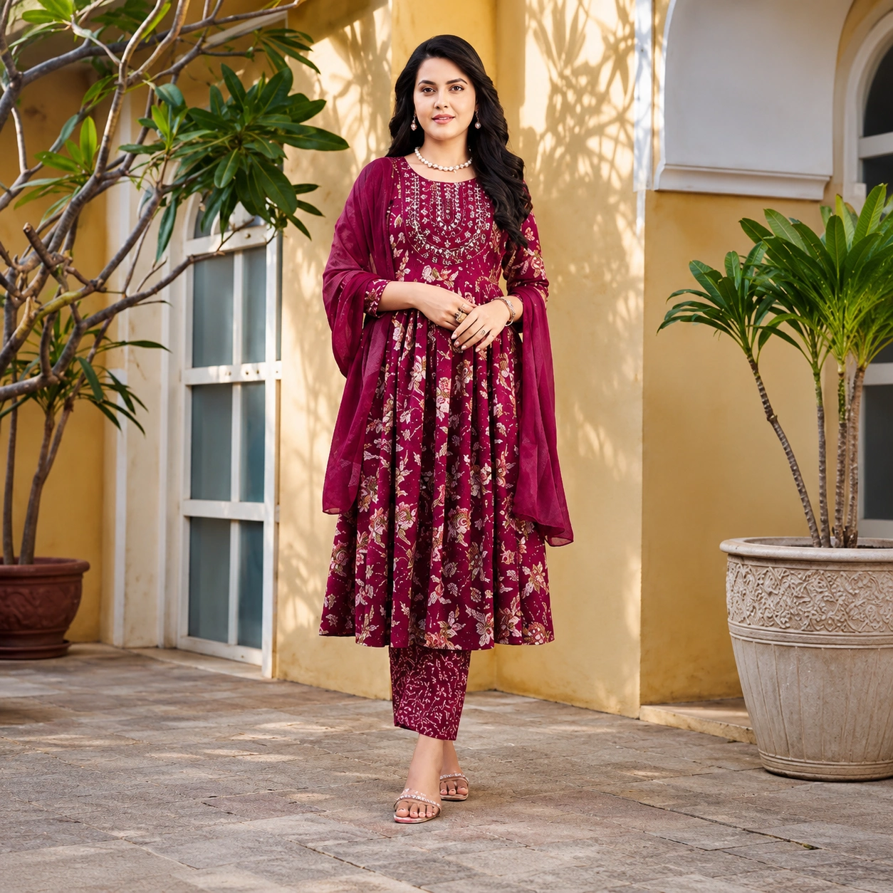 Premium Wine Floral Kurta Set