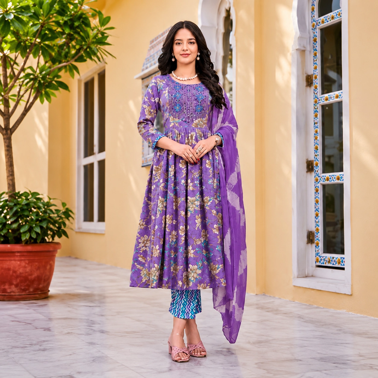Premium Lavender Floral Kurta Set