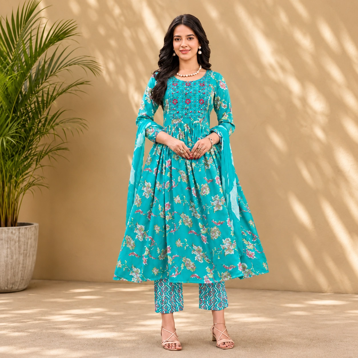 Premium Turquoise Floral Kurta Set
