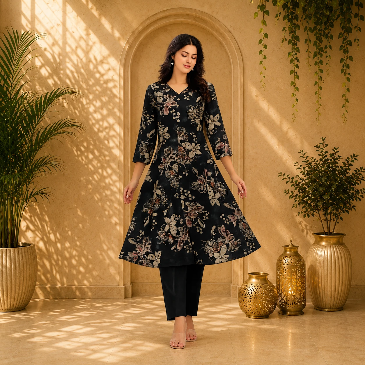Black Floral Printed Kurta