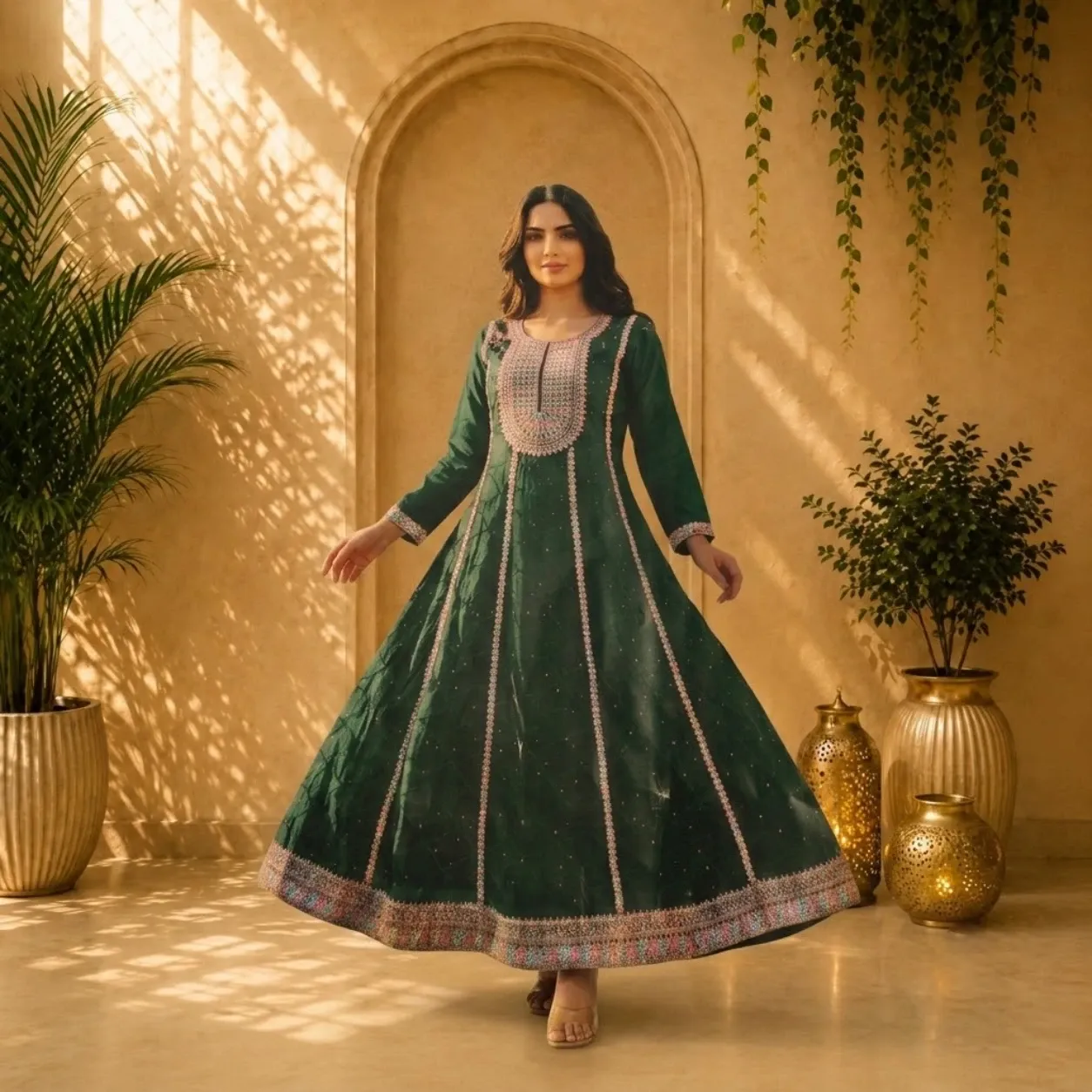 Emerald Green Embroidered Anarkali Gown