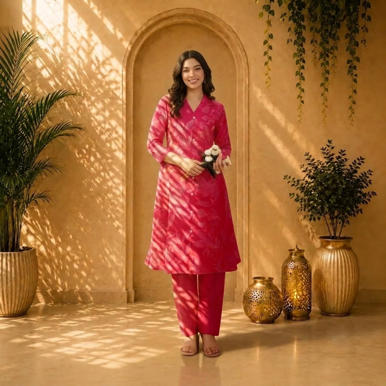 Pink Floral Printed Kurta with Straight Pant Set