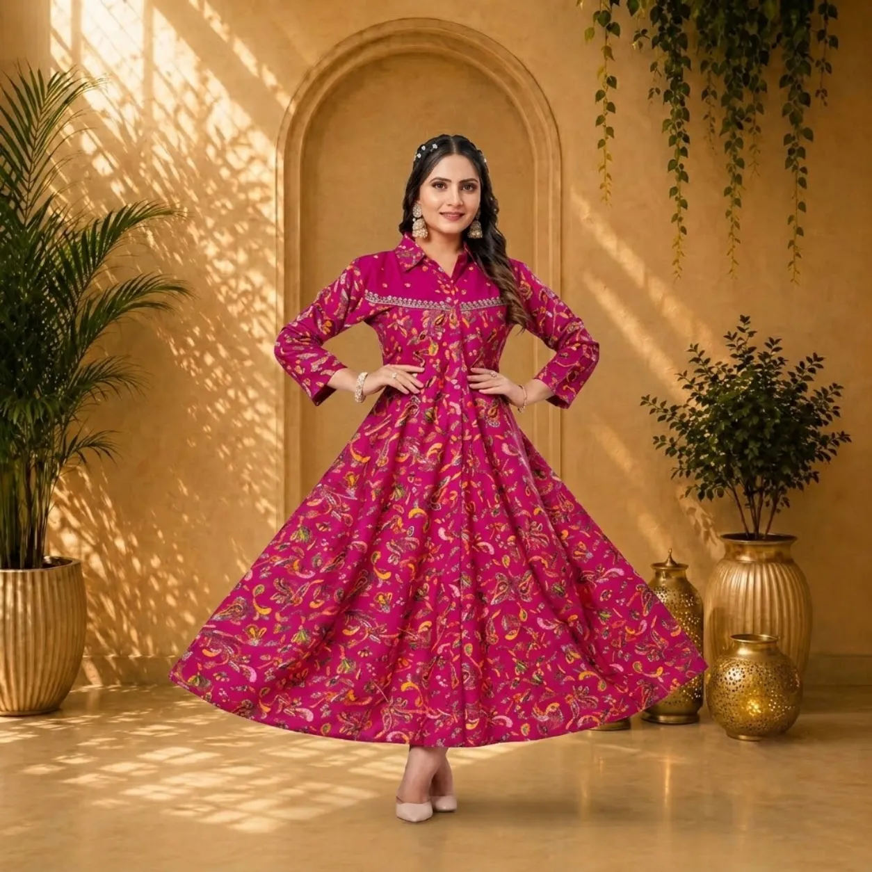 Magenta Printed Flared Anarkali Dress