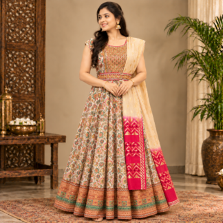 Elegant Anarkali in a Traditional Indian Interior