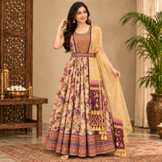 Elegant Anarkali in an Ornate Interior