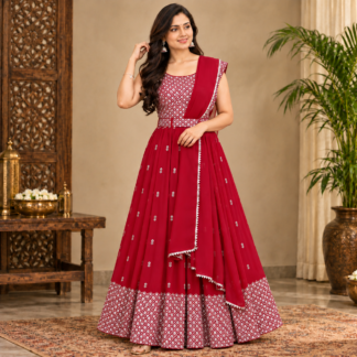 Elegant Crimson Anarkali in Traditional Interior