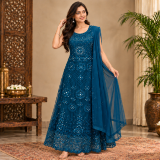 Elegant Teal Anarkali in an Ornate Interior