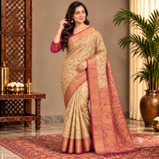 Elegant Woman in a Gold-Trimmed Saree