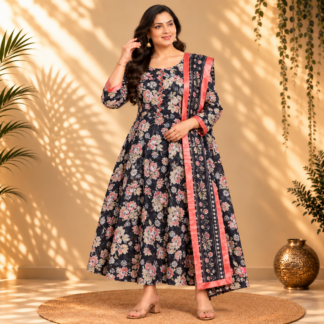 Drak Grey Floral Anarkali