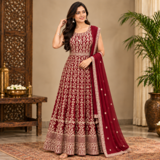 Maroon Anarkali in a Traditional Interior
