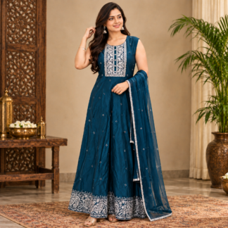 Teal Anarkali in a Warm Heritage Interior